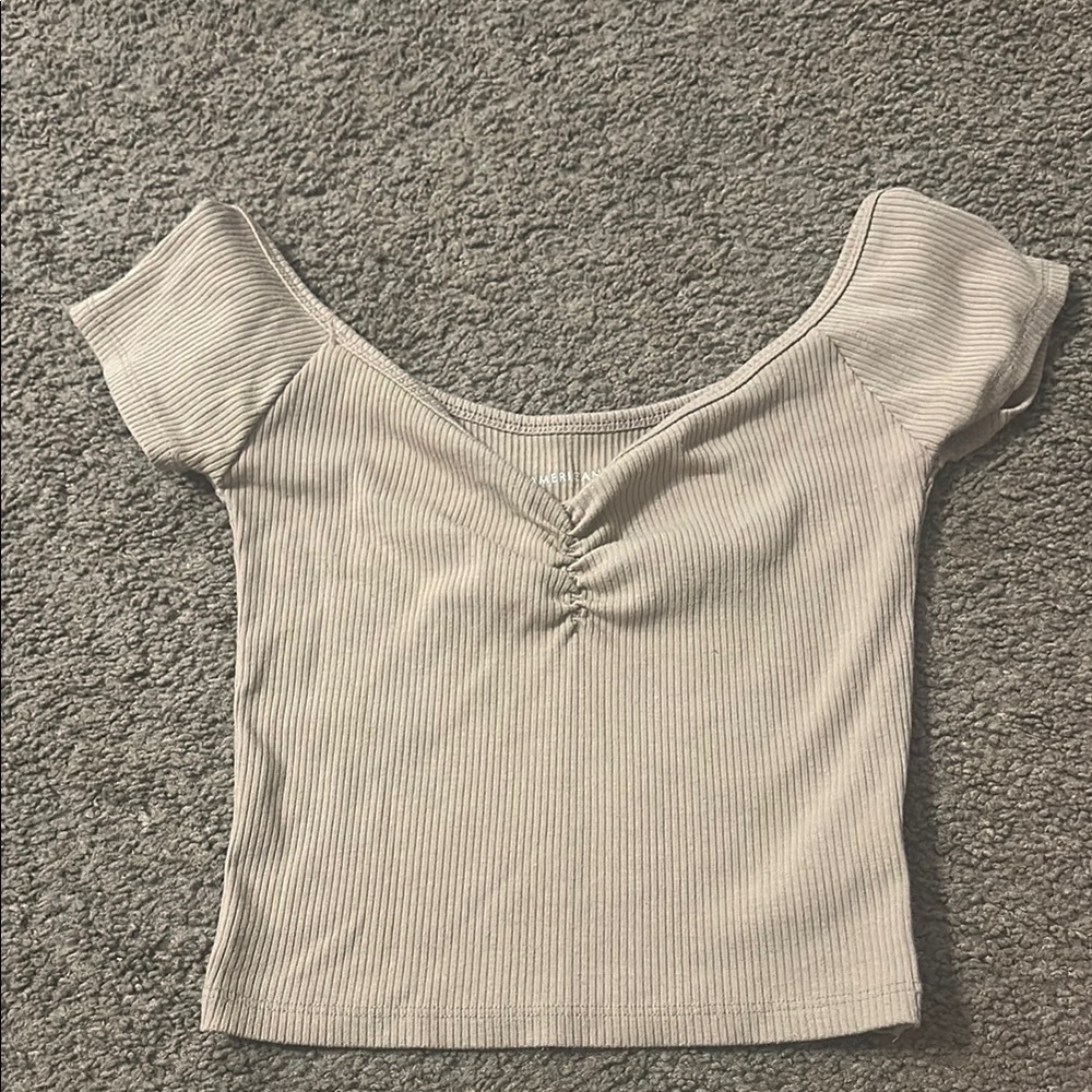American Eagle Outfitters Ribbed Off-Shoulder Crop Top - Cream